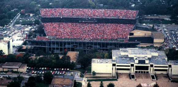 A view of Razorback Stadium's expanded second deck in the late 1980s. The current student union (bottom left) still had its original facade then.