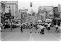 A view of the Capitol Theater, 600 Main St. in Little Rock, in 1958. The theater's vertical marquee is in the upper right of the picture (look at the capitol and then pan to the right).
