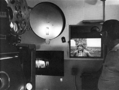 A view from the projection booth at Cinema 150 in 1970. "Patton" is playing in the background.