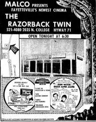 Razorback Twin Cinema, later expanded and renamed Razorback 6 Cinema, opened in the 1970s at 2035 N. College Ave. in Fayetteville. The theater closed in 2009 when Malco opened a 16-screen multiplex a few miles west of College Avenue and Joyce Boulevard. The building has been renovated and currently houses a World Gym.