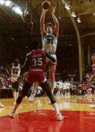 While the 1984 season widely is remembered for Arkansas' memorable upset of No. 1 North Carolina, two other moments stand out: the regular season finale against No. 2 Houston and Alvin Robertson recording the school's first triple-double. The Cougars entered Barnhill having won 39 straight Southwest Conference games. Joe Klein had a terric game, forcing Houston's star center, Akeem Olajuwon, to foul out as No. 12 Arkansas pulled the upset in a nationally televised game. The Cougars, however, avenged the loss a week later, edging Arkansas 57-56 in the SWC Tournament Championship.